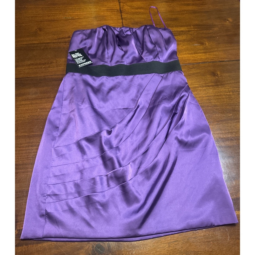 NWT‎ Express Strapless Purple Satin Mini Dress Size 12 Black Waistband